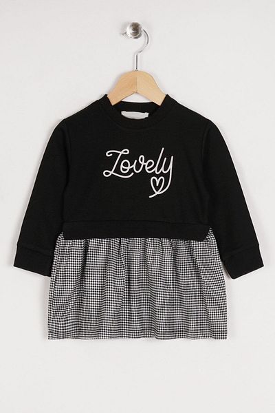 zepkids Rundhalsausschnitt, lange Ärmel, schöner bedruckter Rock, kariertes schwarzes Mädchenkleid