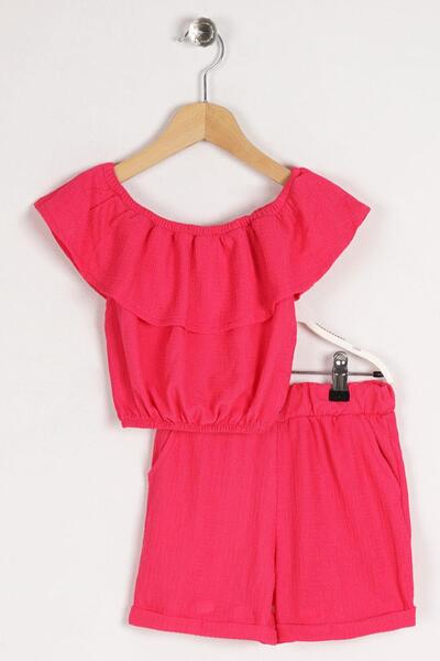 zepkids Boat Neck Shoulder Detailed Ruffle Sleeve Elastic Waist Pocket Detailed Fuchsia Color Girl's Sorted Set