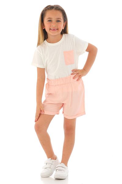 zepkids Crew Neck Short Sleeve Front Pocket Detailed Ecru Salmon Color Girl's Suit