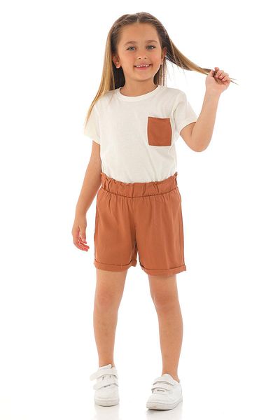 zepkids Crew Neck Short Sleeve Front Pocket Detailed Ecru Brown Color Girl's Suit