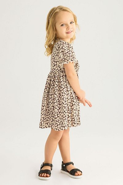 zepkids Baby Collar Short Sleeve Ribbed Short Cıcek Patterned Crew Neck Brown Color Girl's Dress