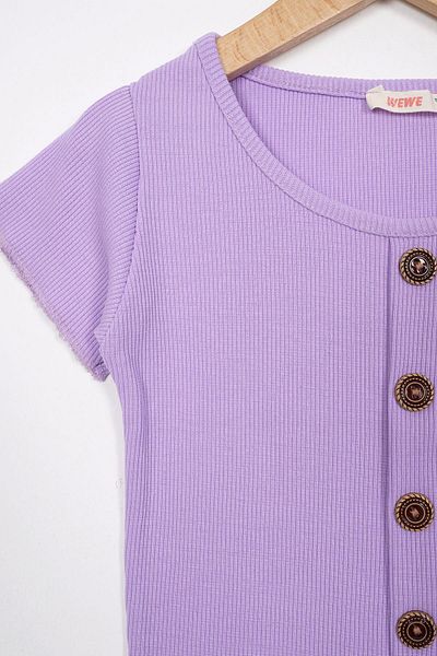 zepkids Crew Neck Short Sleeve Ribbed Lilac Color Girl's T-Shirt