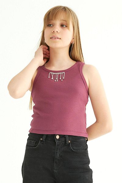 zepkids Tricou pentru fetiță cu gât cu mânecă zero și cu strasuri.