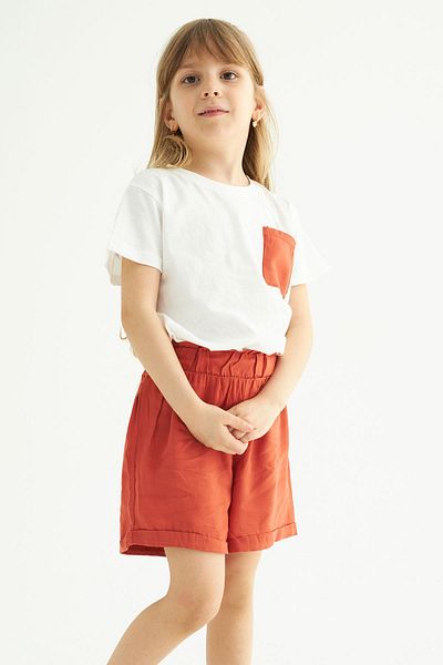 zepkids Ecru Tan Colored Girl's Shorts Set - Crew Neck, Short Sleeve, Front Pocket Detail