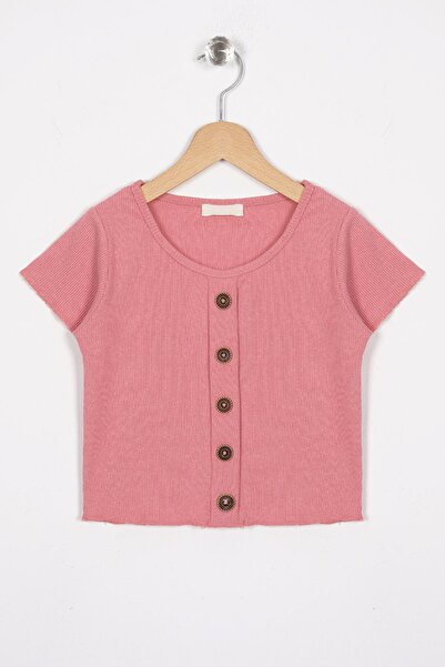 zepkids okrugla kragna Majica kratkih rukava Rebrasto u boji pudera za devojčice