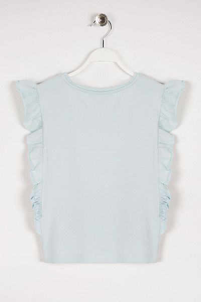 zepkids Момичешка тениска с кръгло деколте и къс ръкав Lıttle Thınk Love Text Printed Frilly Side Ment Color T-shirt