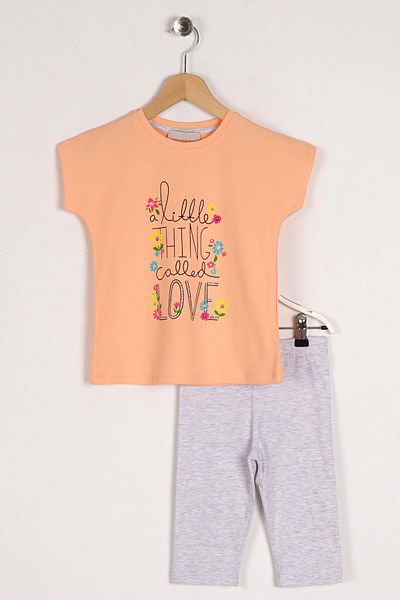 zepkids Crew Neck Short Sleeve Little Thing Colled Love Printed Orange Caramel Color Girl's Tights Set