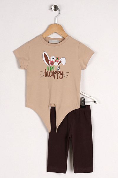 zepkids Crew Neck Short Sleeve I Am A Happy Text Printed Rabbit Eared Beige Color Girl's Tights Set