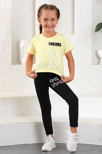 zepkids Crew Neck Short Sleeve Be Awe Some Printed Yellow Color Girl's Tights Set