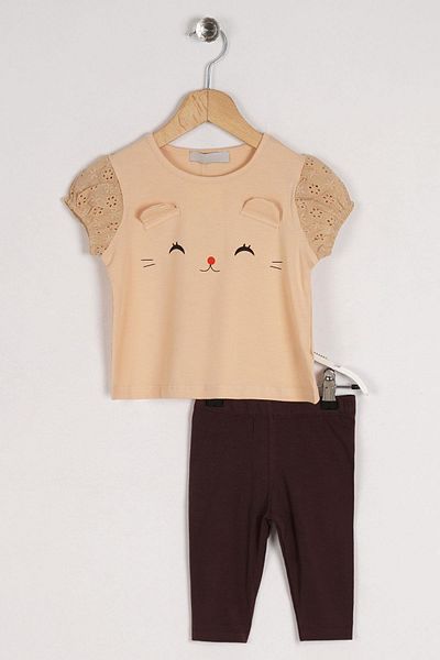 zepkids Crew Neck Short Sleeve Cat Printed Sleeves Elastic Beige Color Girl's Tights Set