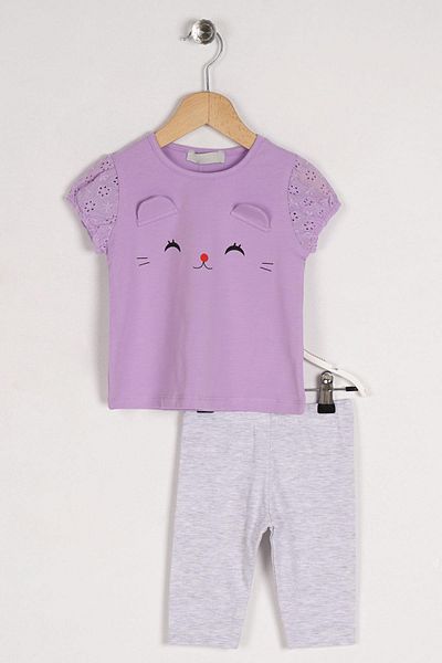 zepkids Crew Neck Short Sleeve Cat Printed Sleeves Elastic Lilac Color Girl's Tights Set