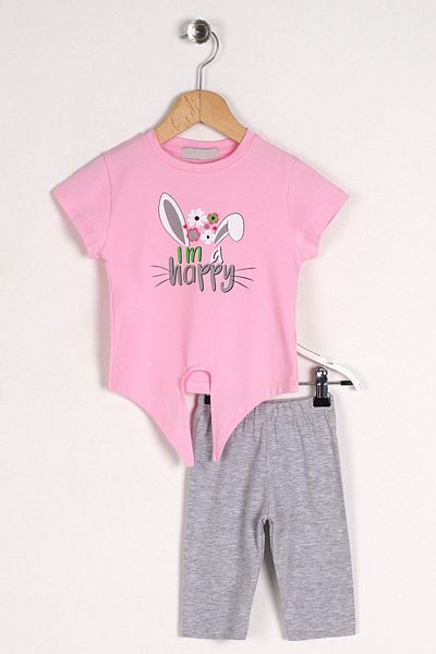 zepkids Crew Neck Short Sleeve I Am A Happy Text Printed Rabbit Eared Pink Color Girl's Tights Set