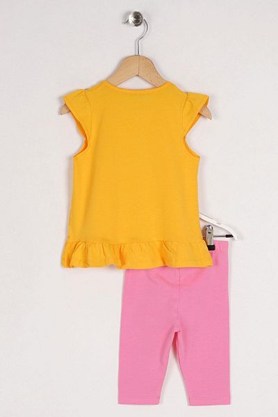 zepkids Crew Neck Short Sleeve Watermelon Printed Skirt Frilly Yellow Color Girl's Tights Set