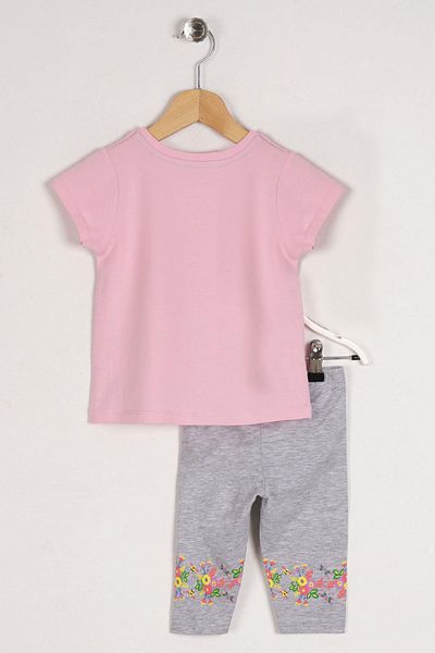 zepkids Rundhalsausschnitt, halbe Ärmel, Belıve In Your Hearts Cıcek bedrucktes rosa-graues Mädchen-Strumpfhosen-Set