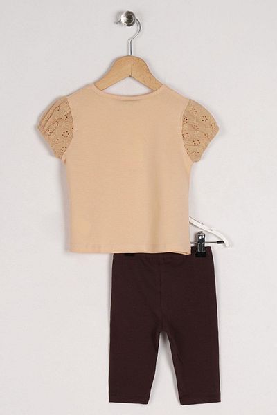 zepkids Crew Neck Short Sleeve Cat Printed Sleeves Elastic Beige Color Girl's Tights Set