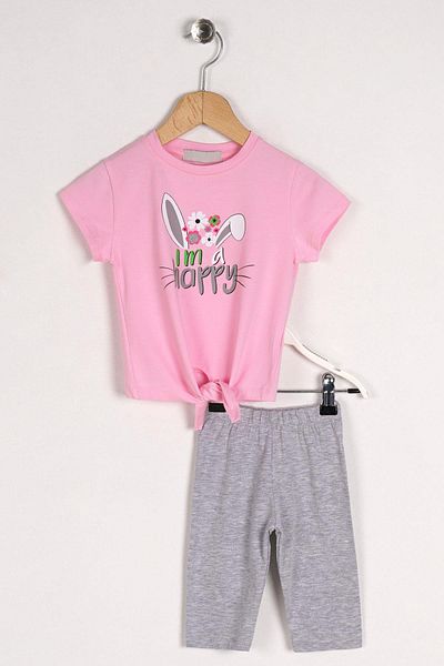 zepkids Crew Neck Short Sleeve I Am A Happy Text Printed Rabbit Eared Pink Color Girl's Tights Set