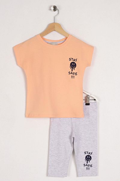 zepkids Crew Neck Short Sleeve Stay Safe Printed Orange Caramel Color Girl's Tights Set