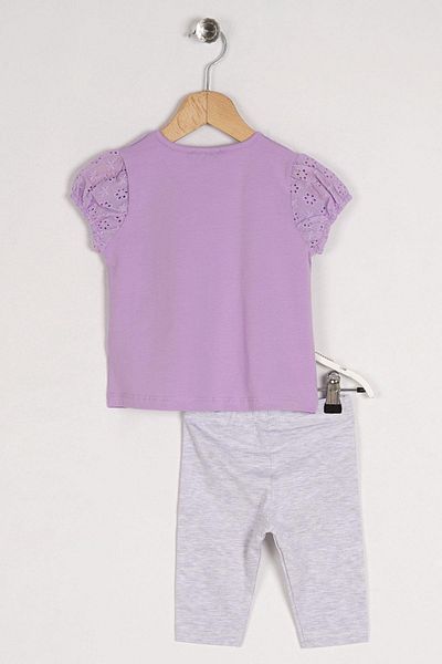 zepkids Crew Neck Short Sleeve Cat Printed Sleeves Elastic Lilac Color Girl's Tights Set