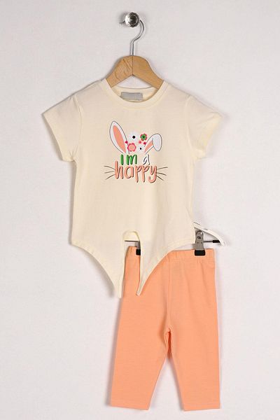 zepkids Crew Neck Short Sleeve I Am A Happy Text Printed Rabbit Eared Ecru Color Girl's Tights Set