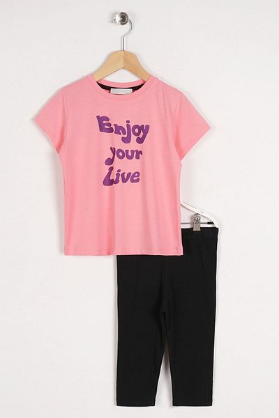 zepkids Crew Neck Κοντομάνικο Enjoy Your Life Γραπτό Ροζ Μαύρο Χρώμα Κοριτσίστικο καλσόν