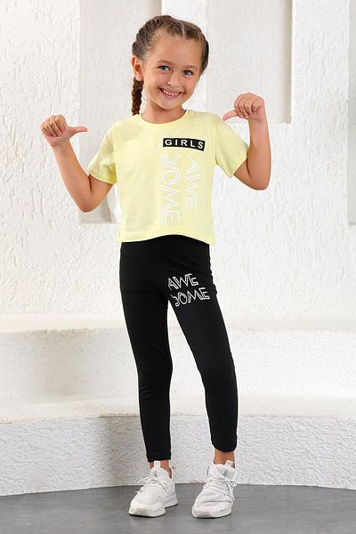zepkids Crew Neck Short Sleeve Be Awe Some Printed Yellow Color Girl's Tights Set
