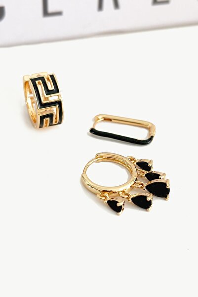 New Obsessions طقم حلق ذهبي أسود مينيلي - 3 قطع