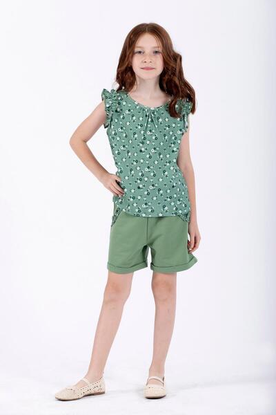 zepkids Bisiklet Yaka Sıfır Kol Çiçek Baskılı Beli Lastikli Cepli Cagla Yesil...