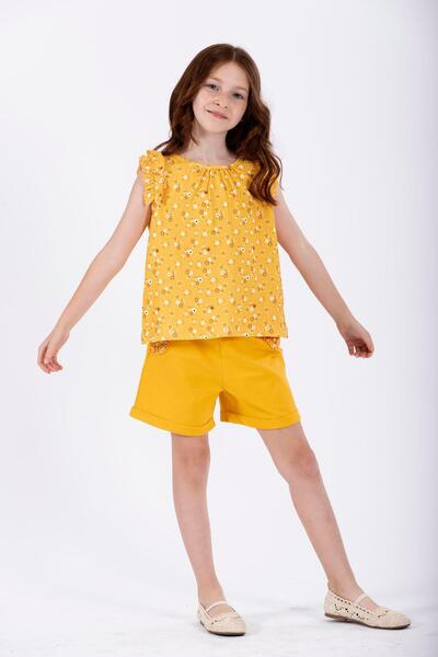 zepkids Crew Neck Zero Sleeve Flower Printed Elastic Waist Pocket Yellow Color Girl's Shorts Set