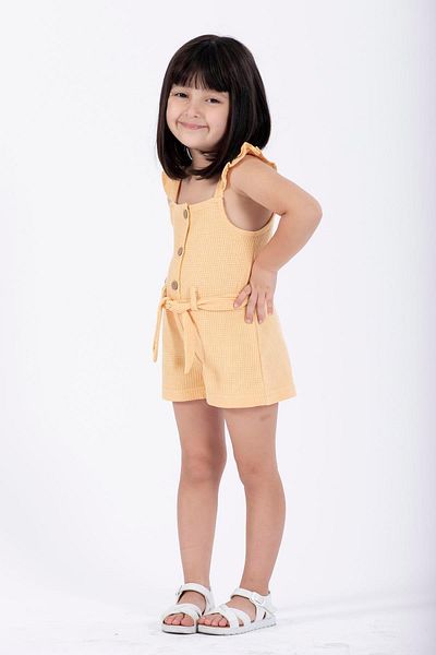 zepkids Mustard Color Girl's Salopet - Square Collar, Strappy Sleeve and Ruffle Detail