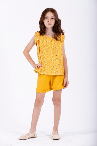 zepkids Crew Neck Zero Sleeve Flower Printed Elastic Waist Pocket Yellow Color Girl's Shorts Set