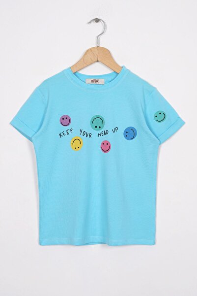 zepkids T-shirt za devojčice u tirkiznoj boji sa osmehom Štampano