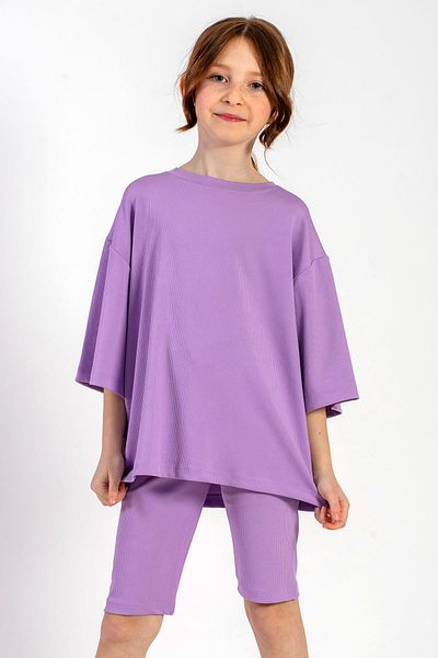 zepkids Lilac Color Oversize Tights Girl's Set - Crew Neck, Short Sleeve, Fitted