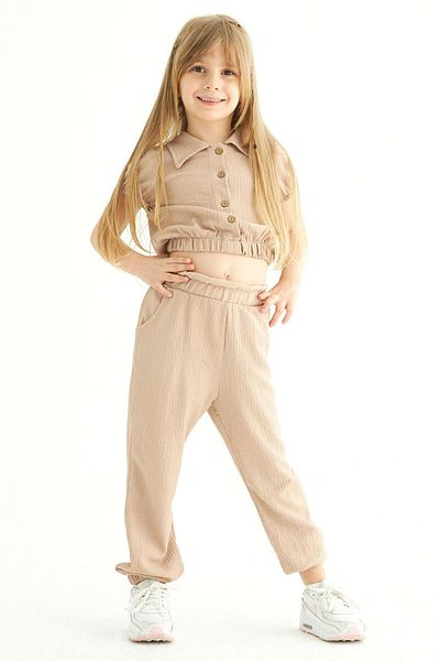 zepkids Beige Girl's Trousers Set - Crew Neck, Watermelon Sleeves and Shirt