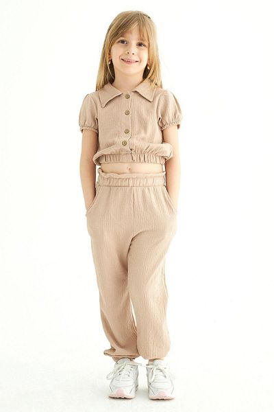 zepkids Beige Girl's Trousers Set - Crew Neck, Watermelon Sleeves and Shirt