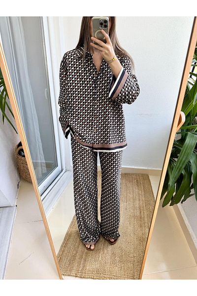 MERVE AKSOY Satin Textured Geometric Patterned Set - Brown