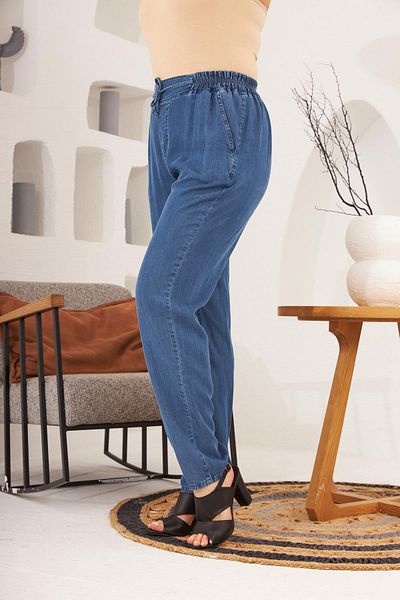 RMG Plus Size Blue Trousers with Waist Tie Detail and Elastic Waist