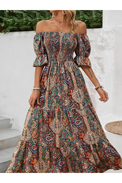 Genel Markalar FASHION AND DESIGN Kadın Kısa Kollu Düşük Omuzlu Beli Büzgülü Dijital Desenli Kesik Elyaf Süprem
