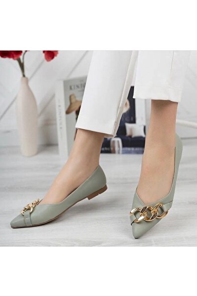 alfaze حذاء باليرينا بسلسلة جلد أخضر نعناعي ارتفاع الكعب 1 سم