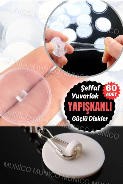 Munico 60 Adet Yapışkanlı Disk Askı Aparatları - Küçük ve Hafif Tasarım Güçlü Disk Yapışkanlar Çift Taraflı