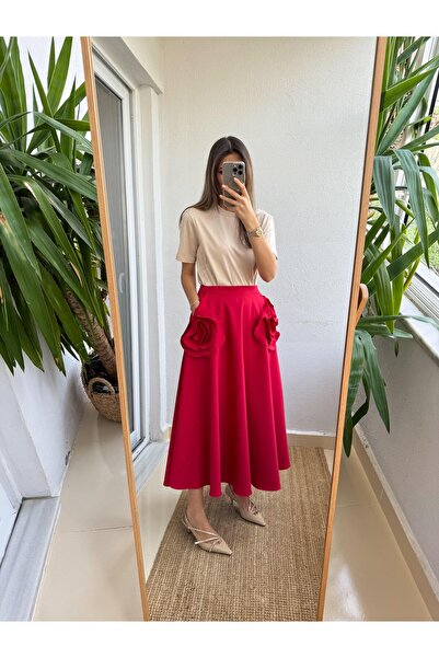 MERVE AKSOY Red Skirt - Design with Big Rose Detail