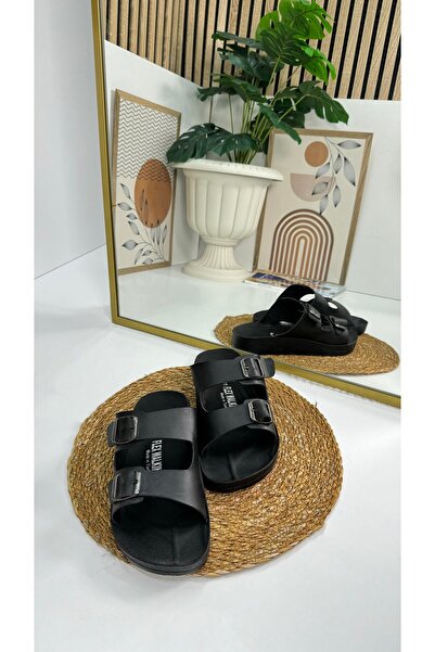 İmerShoes Casual Men's Black Slippers Double Adjustable Buckle Comfortable Sole Oval Toe Sandals 329