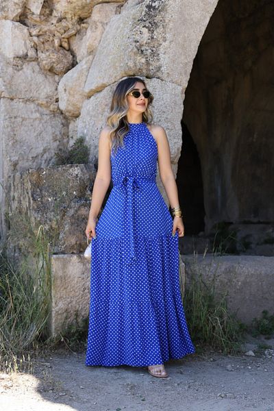 bytugcekaya Rochie albastră din viscoză cu buline cu decolteu