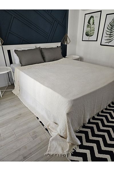 Mia King size Muslin Colored Bedspread - Pique 4 Layers, 100% Cotton, Fringed Cream