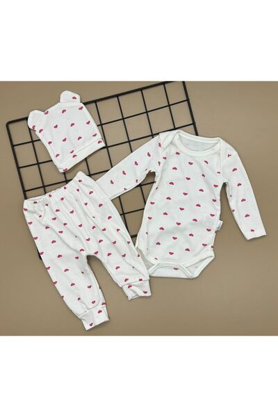 CUBBİCO طقم بدلة طفلة مكونة من 3 قطع - مع قلوب وقبعة