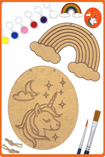 Art inside Çocuklar Için Gökkuşağı Ve Unicorn Figürlü Ahşap Boyama Tuval Seti...
