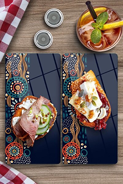 Decovetro Set of 2 Dark Blue and Glass Brown Geometric Patterned Tableware Presentation Table - 30x15 cm