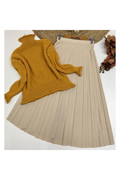 Modaytesettür Scuba Krep Sık Pliseli Lastikli Bedenli Uzun Etek