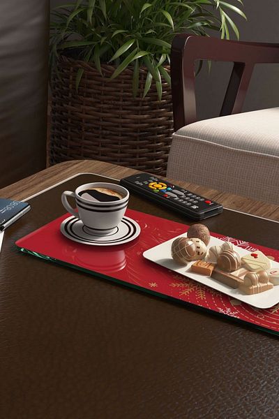 Decovetro Set of 2 Glass Coffee Tableware Presentation Table - Red Snowflakes 30 x 15 cm