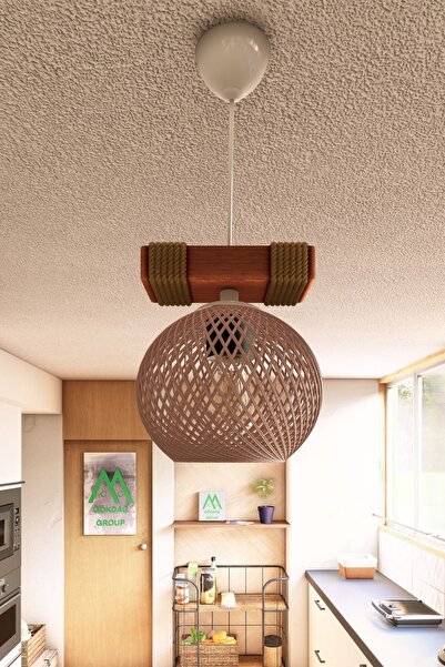 Naturel Lighting Ahşap Halatlı Balle Pudra Küre Top Tekli Sarkıt Kütük Avize