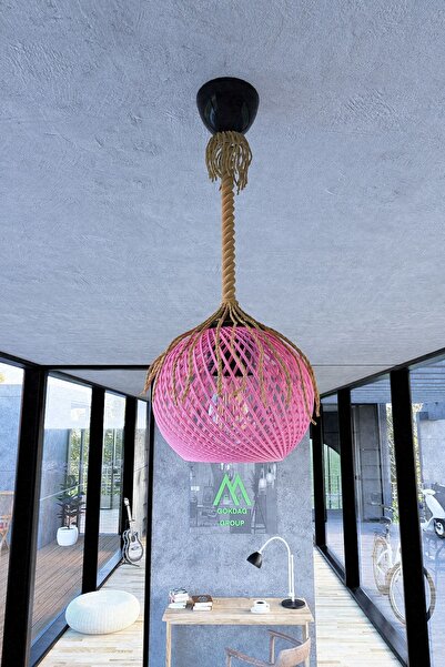 Naturel Lighting Rustik Halatlı Sarkıt Avize Balle Pembe Top Aydınlatma